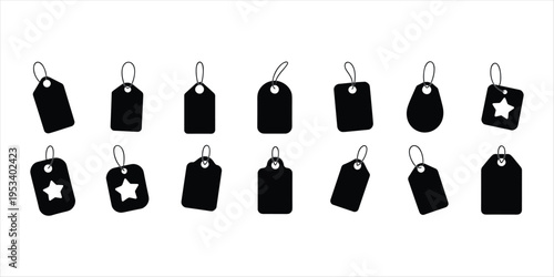 Horizontal Arrangement of Black Silhouette Price Tags and Labels with Cords Keywords: price tag, label, sale, shopping, retail