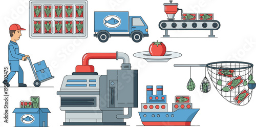 Fish canning process illustration, seafood packaging, distribution supply chain, fishing industry, canned fish production, transportation logistics, food processing equipment, export trade