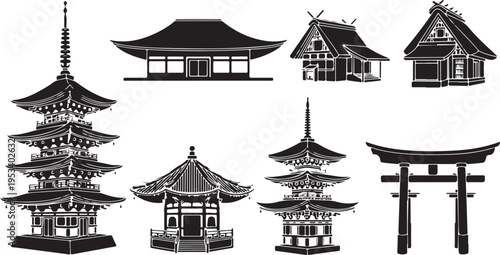 Black and white of traditional pagodas and houses traditional architecture asian house roof d