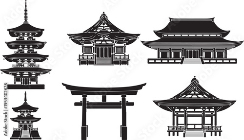 Black and white of traditional asian pagoda towers architecture de