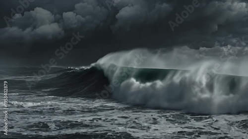 Stormy Ocean with Lightning - A powerful thunderstorm rages over the ocean, with dark clouds filling the sky and lightning striking near large waves.