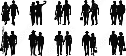 Silhouettes of Couples Walking Hand in Hand and Taking a Selfie on White Background Keywords: silhouette, couple, people, man