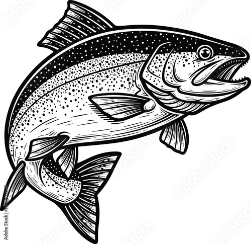 Detailed black and white illustration of salmon fish jumping, vintage engraving style, wildlife aquatic animal isolated, high contrast, realistic texture