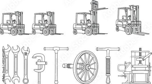 Industrial equipment illustration, forklifts lifting loads, mechanical tools set, wrenches, clamps, wheel, vise, automotive maintenance, factory machinery, flavector