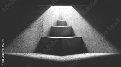 Dimly lit, tiered, geometric shapes against a dark concrete wall. Strong directional lighting