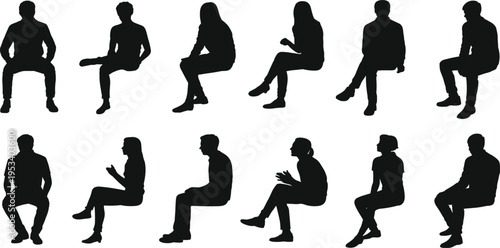 Silhouettes of people sitting in various poses on white background Keywords: people, silhouette, sitting, man, woman, person