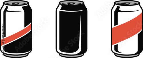Three Cans of Soda with Red and White Stripes and Solid Black soda can drink can