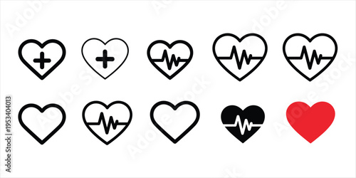 Ten heart and heartbeat icons in black white and red on white background pulse cardiogram