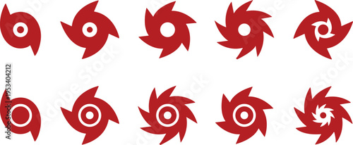 Hurricane cyclone icon set collection group in flat style featuring storm, typhoon, tornado, whirlwind, vortex and weather synonym elements for disaster alert, climate design and warning graphics