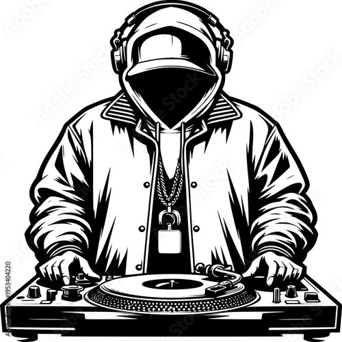 Beat Master at Work: A shadowy figure, lost in the rhythm, commands the turntables with focused intensity, crafting a symphony of beats for the unseen audience.