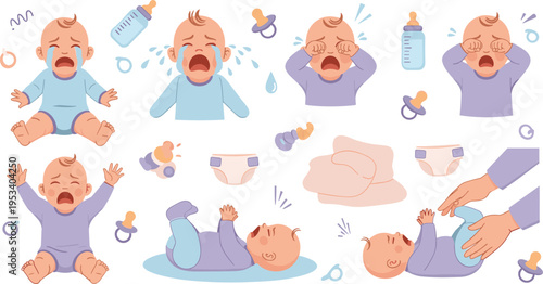 Crying Baby Care Collection with Newborn Infants Showing Upset Emotions Diaper Change and Feeding Needs in Cartoon Vector Illustration Style.