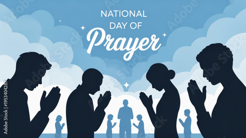 People praying on national day of prayer with silhouettes and cloudy background