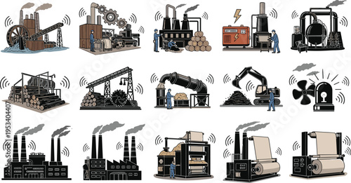Industrial manufacturing illustration, smart factory automation, connected machinery vector art, industrial IoT technology design, production process equipment, engineering industry layout