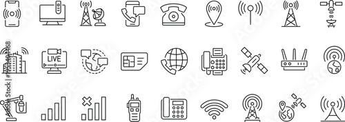 Set of outline icon related to communications, telecommunications. Linear icon collection. Editable stroke. Vector
