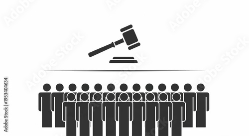 Law and order concept with judge gavel over a row of people symbolizing justice and authority in a courtroom setting with a sense of judgment and legislation