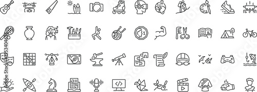 Set of outline icons related to hobby. Linear icon collection. Editable stroke. Vector