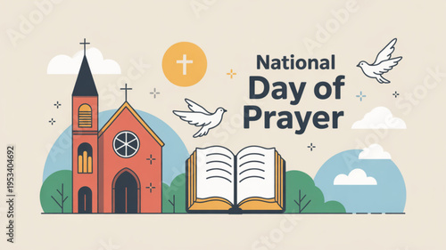 National day of prayer illustration with church open book doves and cross symbol on beige background