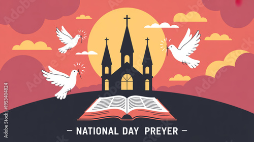 National day prayer illustration with church bible and doves in sunset sky