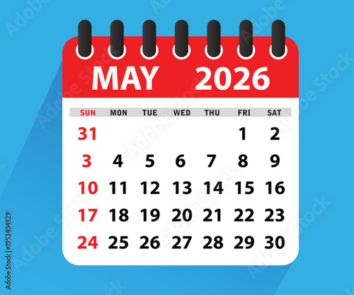 May 2026 Calendar Leaf. Calendar 2026 in flat style. May 2026 Calendar. Week starts on Sunday. Blank Calendar Template. Stationery Design. Vector Illustration