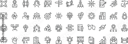 Set of outline icons related to management, administration, supervision, leadership, business, governance. Linear icon collection. Editable stroke. Vector