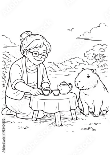 coloring book page grandmother pouring tea at a small table and sharing a quiet moment with capybara