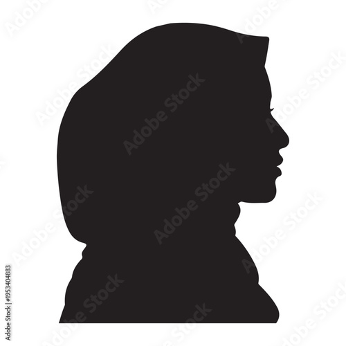 A black and white silhouette of a woman wearing a hijab and headscarf.