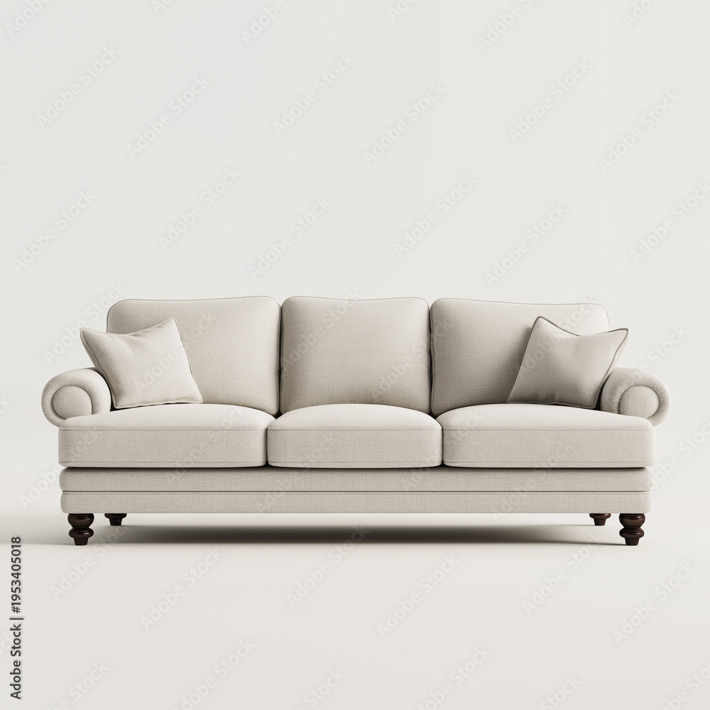 Fototapeta premium A comfortable light colored three seater sofa with decorative pillows sits on a white background