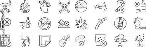 Set of outline icons related to quit addiction .Linear icon collection. Editable stroke. Vector