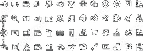 Set of line icons related delivery and logistics. Outline icon collection. Editable stroke. Vector