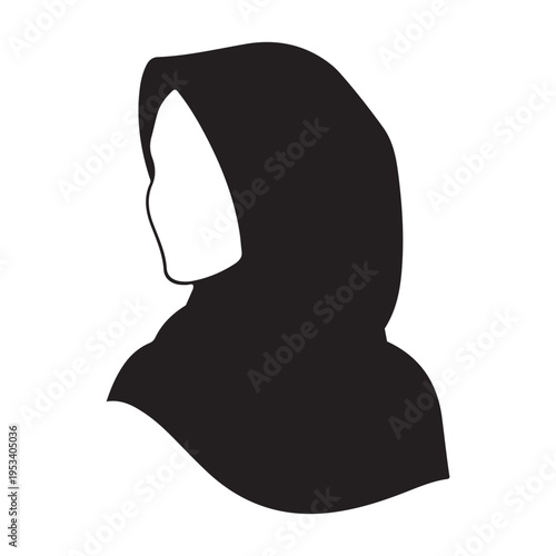 A black and white silhouette of a woman wearing a hijab and headscarf.