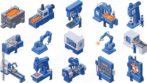 Isometric industrial machines illustration, robotic arms, CNC machining, injection molding, drilling milling lathe, welding robots, factory automation, engineering production