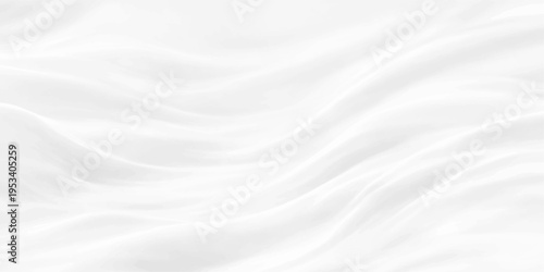 Smooth white silk and satin fabric background with soft flowing waves and luxury drapery texture creates a light grey textile material design for a curved cloth backdrop