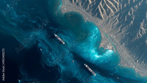 satellite style aerial view of ship traffic in Strait of Hormuz, strategic maritime chokepoint for global energy trade, ultra realistic earth observation, Two ships drift through swirling turquoise 
