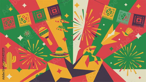 Vibrant vector illustration celebrating with colorful fireworks cacti and festive patterns on a dynamic background
