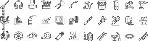 Set of outline icons related to metalworking. Linear icon collection. Editable stroke. Vector