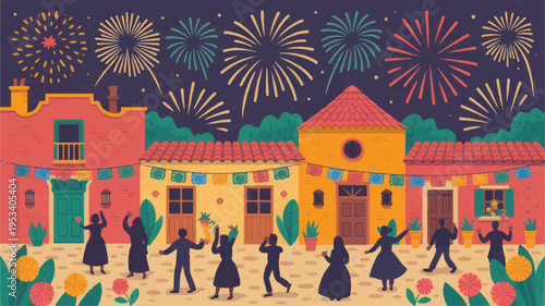 Vibrant fiesta scene with fireworks and dancing people in front of colorful buildings at night