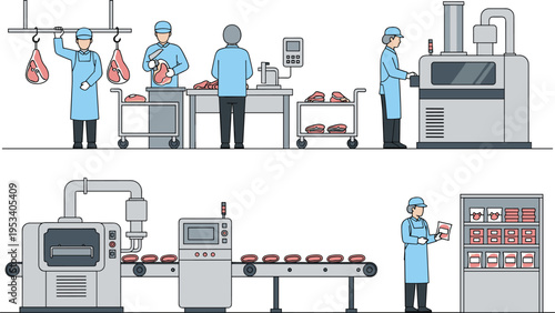 Meat processing facility illustration, food industry production, raw meat preparation, automated packaging line, workers inspection, industrial machinery, supply chain distribution
