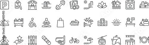 Set of outline icons related to resort. Linear icon collection. Editable stroke. Vector
