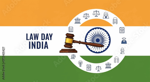 Law day india celebration with gavel and wheel symbol on indian flag background