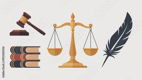 Justice and law concept with scales gavel books and feather quill on white background symbolizing fairness and legal system