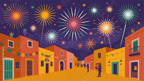 Vibrant vector illustration of a festive street with fireworks display at night colorful buildings and people celebrating