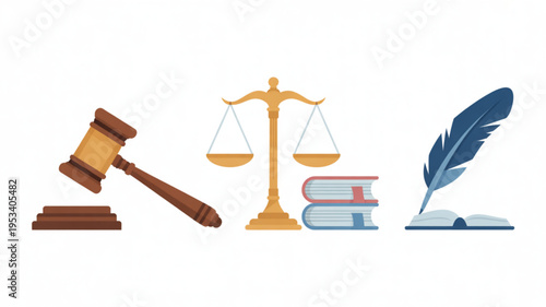 Law and justice symbols gavel scales books and quill on white background representing legal system and education