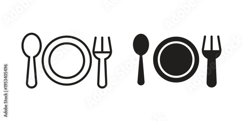 Spoon and Fork icon symbols, Solid black and editable stroke icons