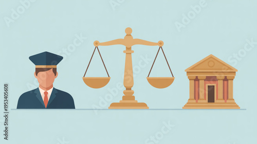 Lawyer or judge with scales of justice and courthouse symbolizing law and order justice system legal profession