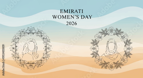 Emirati women's day 2026 celebration poster with floral wreaths and desert landscape background