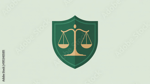 Green shield emblem with golden scales of justice symbolizing law and order