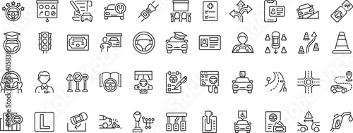 Set of outline icons related to driving school. Linear icon collection. Editable stroke. Vector