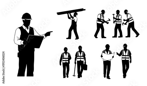 Professional Construction Worker Silhouettes Vector for Teamwork, Safety, and Building Roles