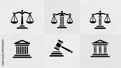 Justice and law icons including scales gavel and courthouse symbols in black on gray background