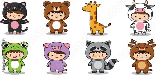 Cute Kids Wearing Animal Costume Cartoon Vector Set Featuring Cat, Bear, Giraffe, Cow, Frog, Pig, Raccoon and Reindeer Characters